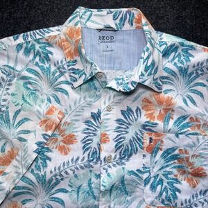 IZOD Button Front Shirt Mens Large White Floral Saltwater Excellent Tropical SS‎